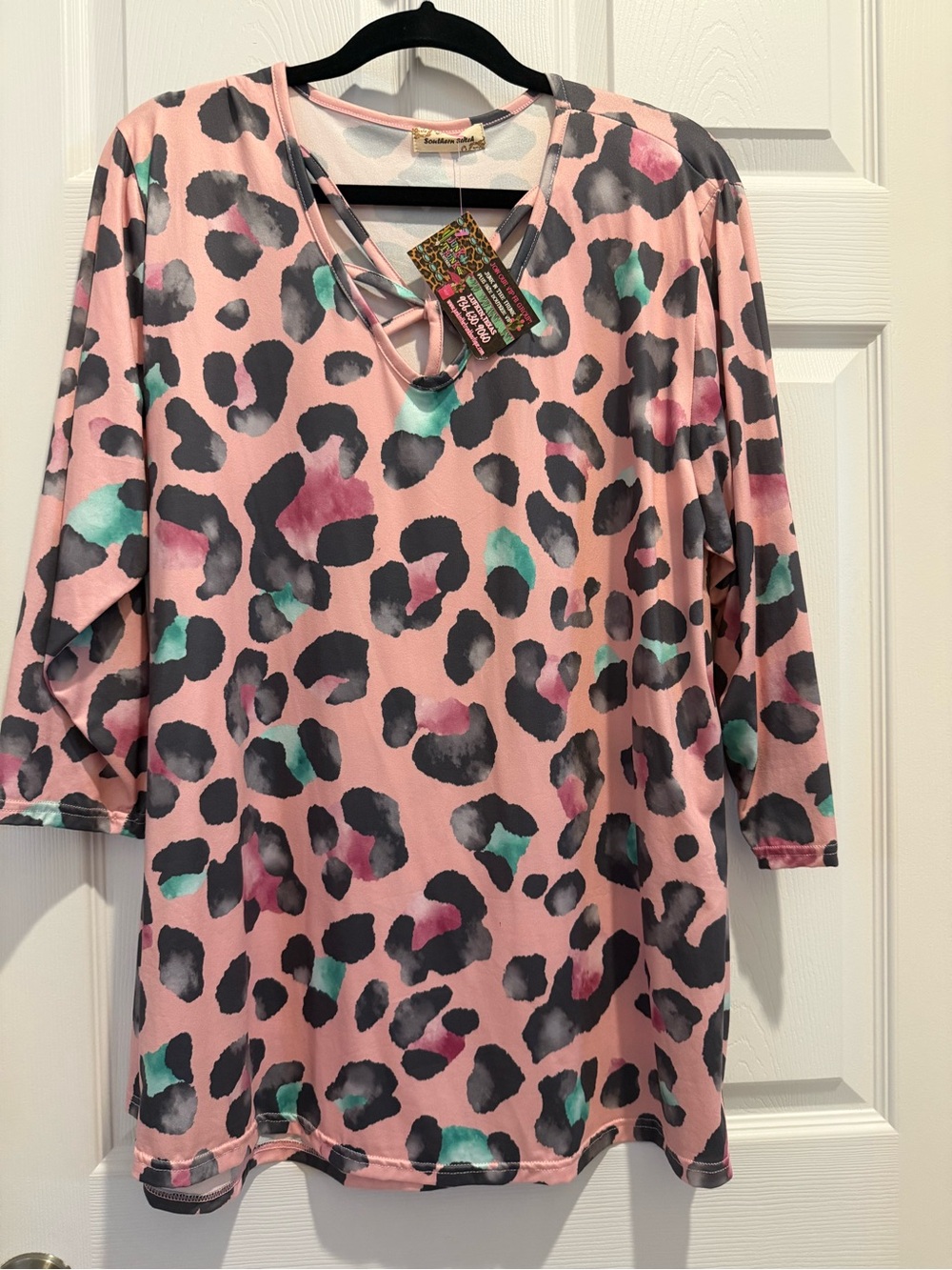 Women’s Pink Leopard Print Crisscross Neck Blouse